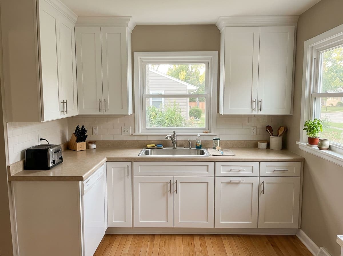 A kitchen with new white shaker cabinets just hung