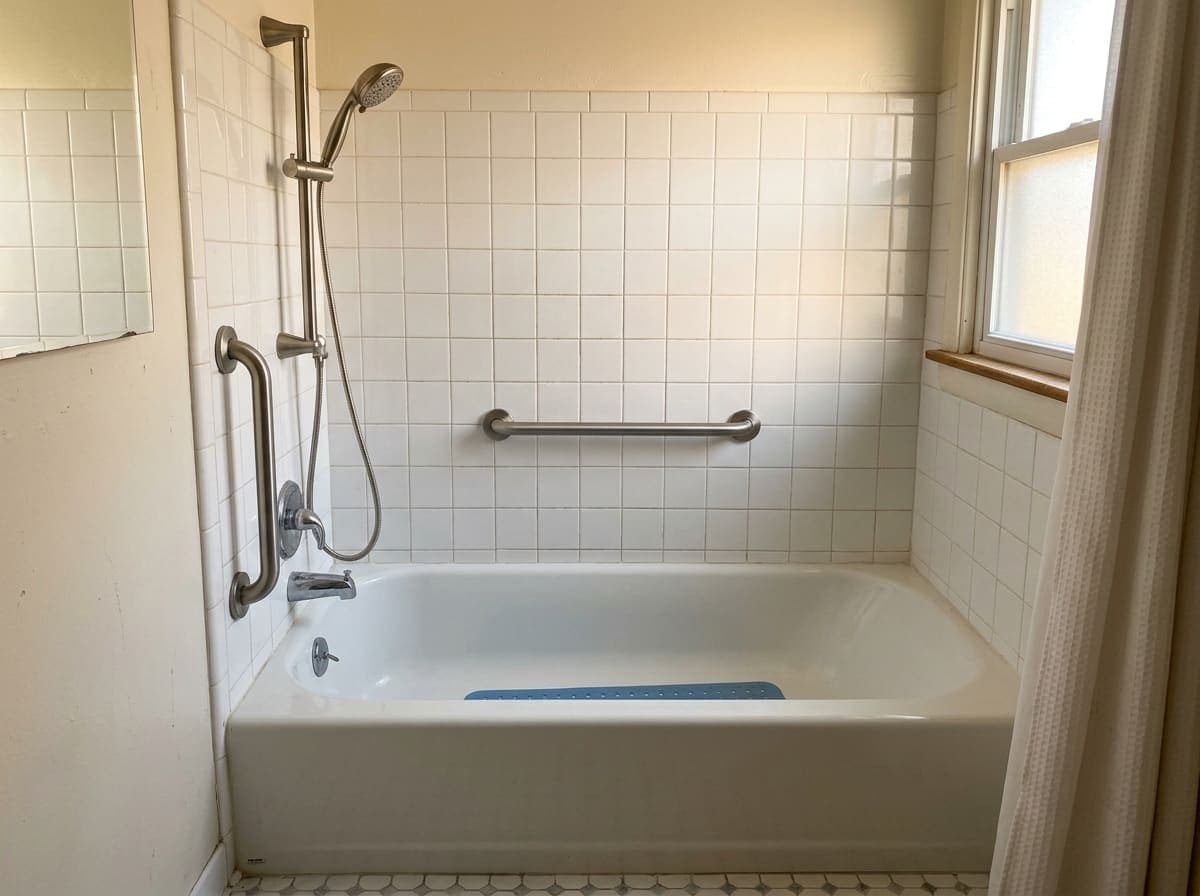 A tub surround with two grab bars mounted on the tile